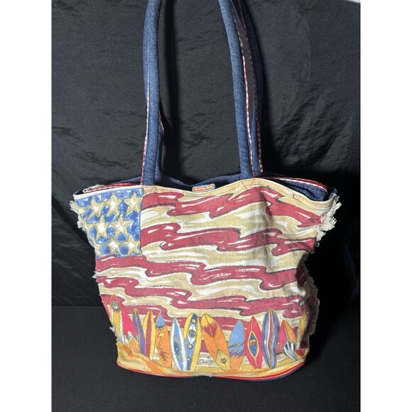 2000s Anne Ormsby Beach Bag Patriotic Surf Denim bag "Surviving Stress" American - Picture 1 of 14